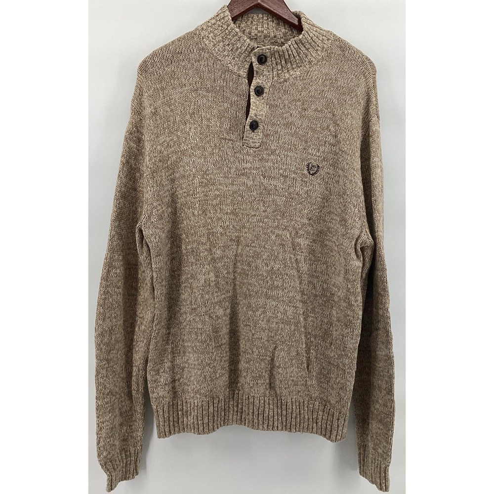 Chaps 1/4-Button Sweater Men's L Light Brown Elbow Patches Embroidered Logo